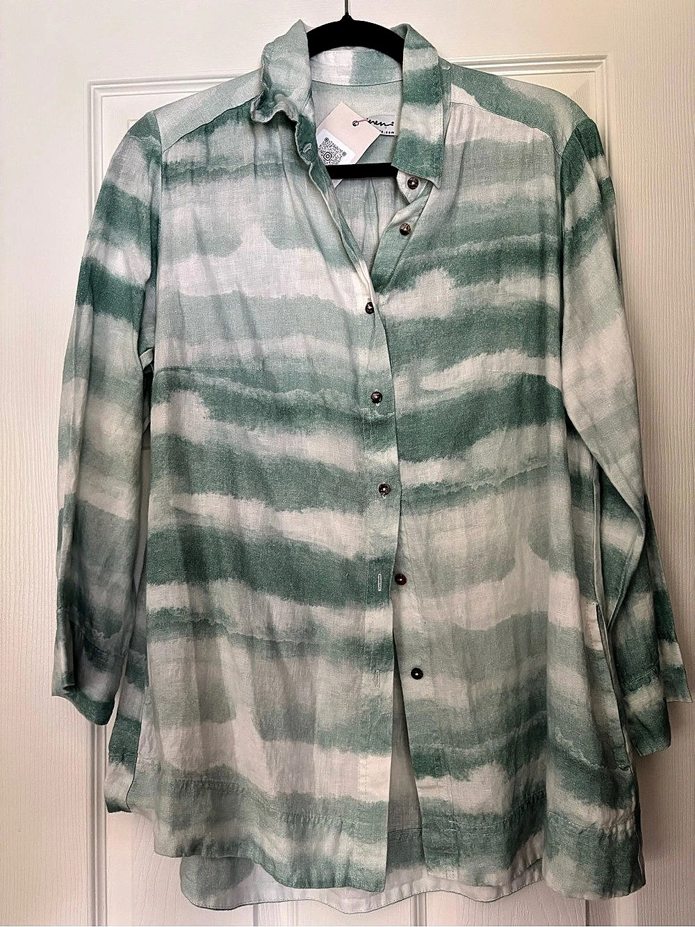 iLinen Sage Green Tie Dye Linen Button Down Tunic Shirt L